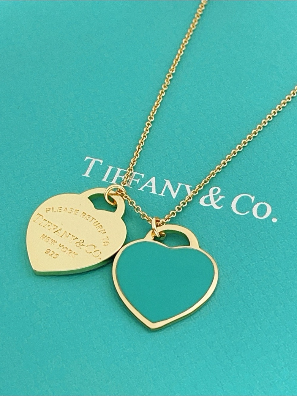 Tiffany & Co. Double Heart Pendant Necklace in Gold with Turquoise Enamel